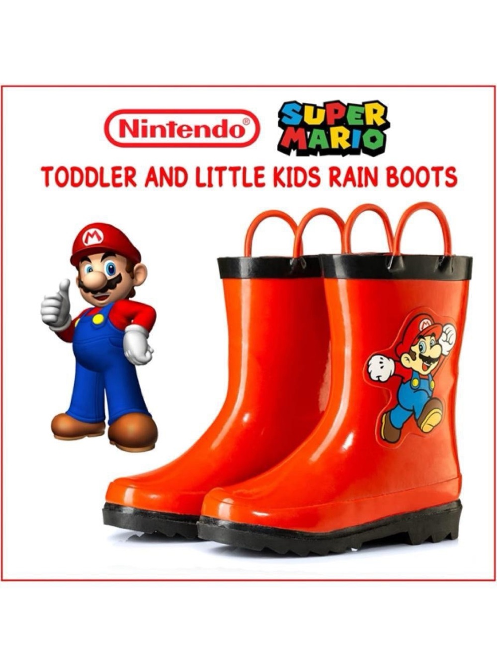 Nintendo Red Mario Kids Rain Boots with Black Trim